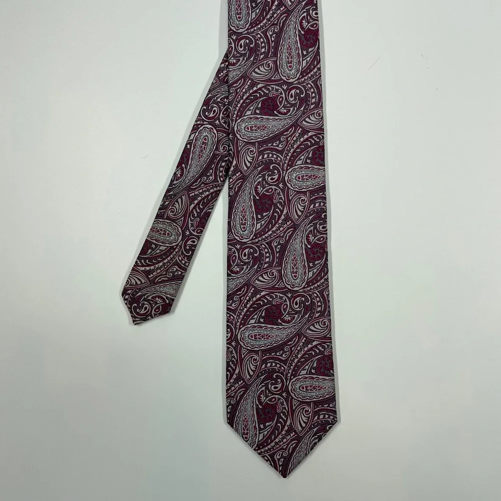 Bruno Piattelli Burgundy Grey Paisley Silk Necktie Mens One Size